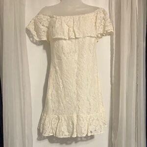 Francesca's Collections Off-Shoulder Cream Lace Mini Dress